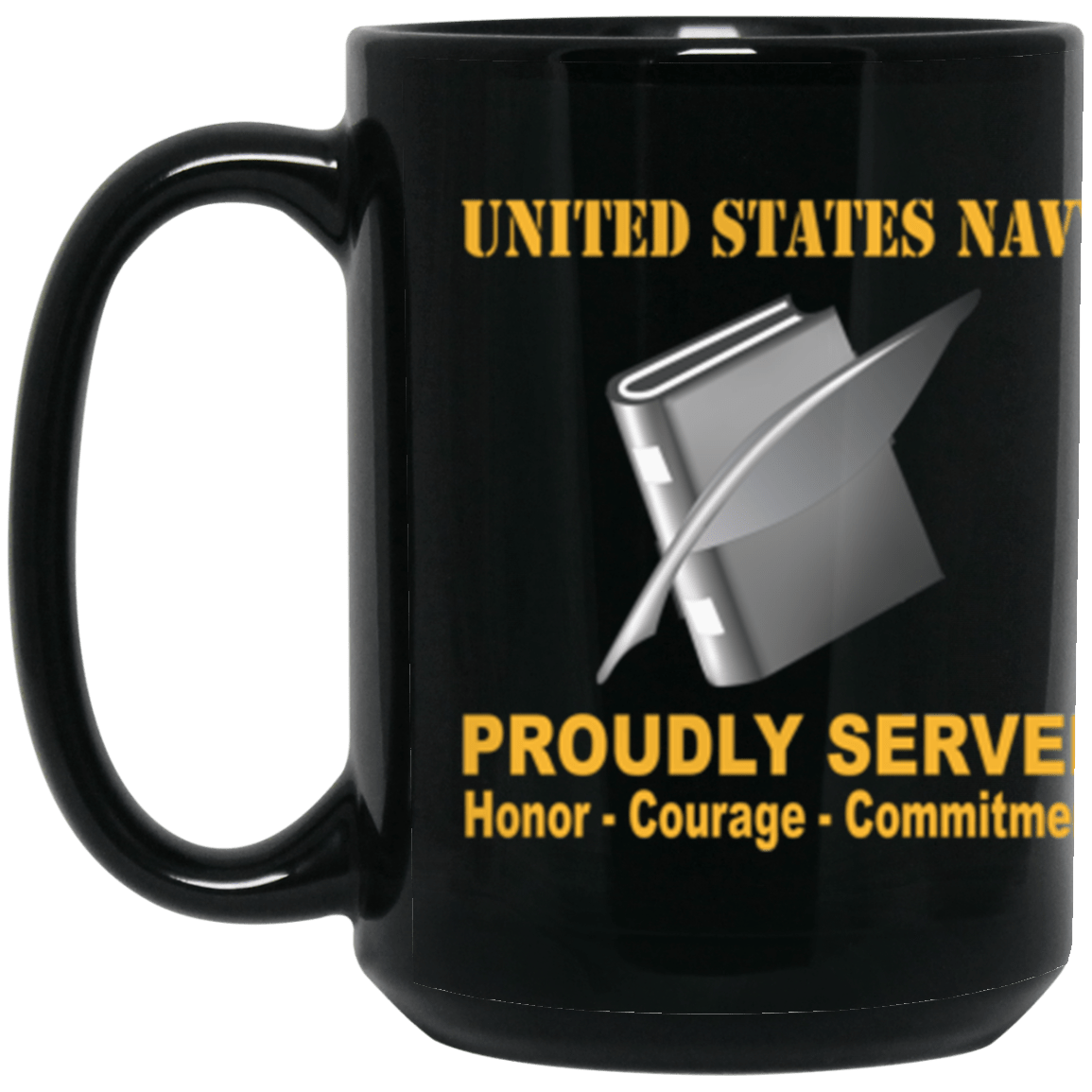 US Navy Navy Personnel Specialist Navy PS Proudly Served Core Values 15 oz. Black Mug-Drinkware-Veterans Nation