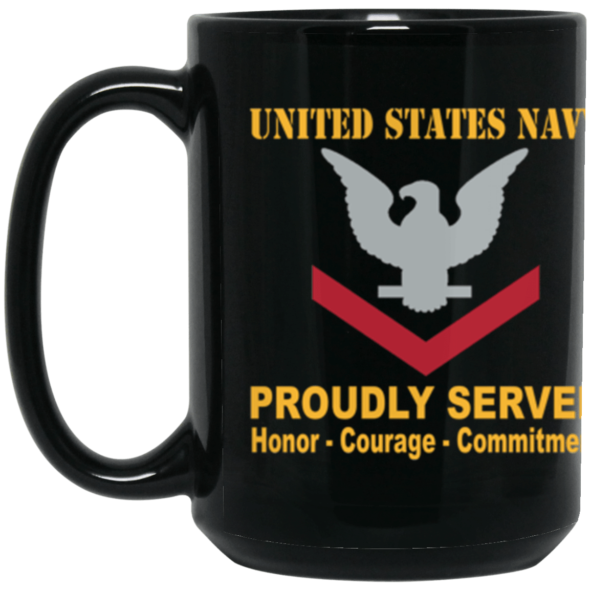 US Navy E-4 Petty Officer Third Class E4 PO3 Collar Device Proudly Served Core Values 15 oz. Black Mug-Drinkware-Veterans Nation