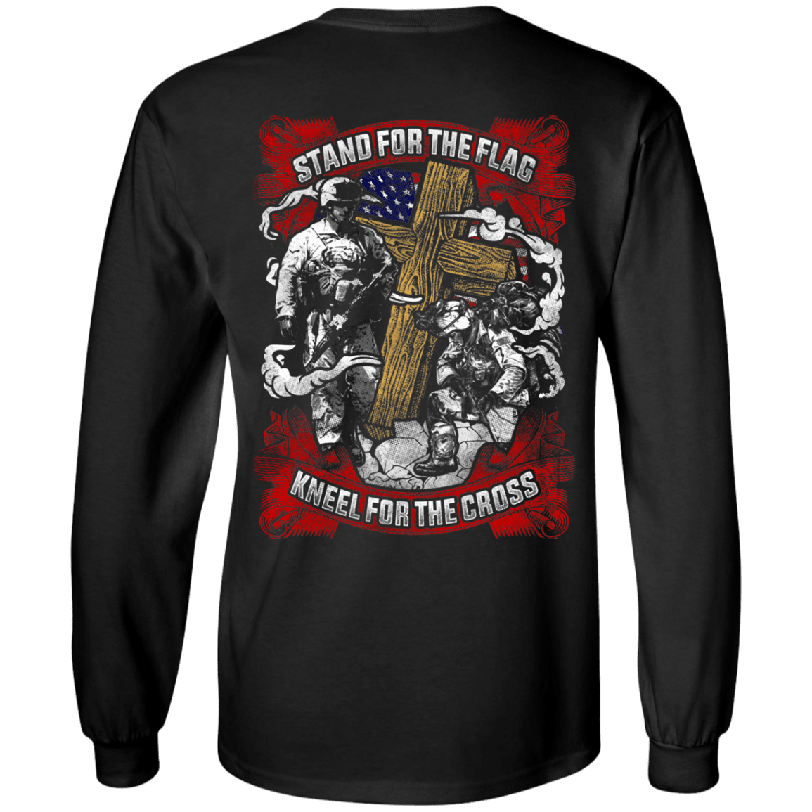 Military T-Shirt "Stand For the Flag Kneel For The Cross" Men Back-TShirt-General-Veterans Nation