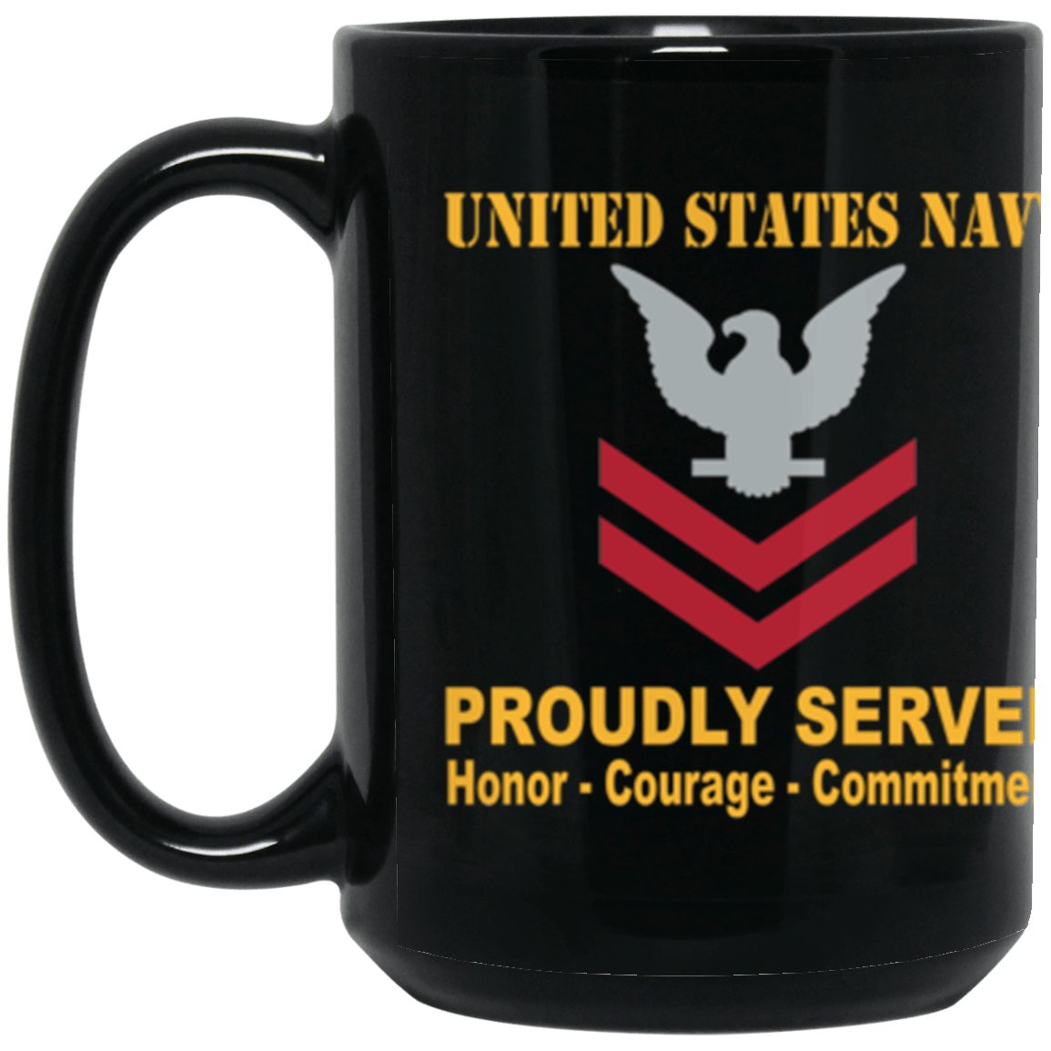 US Navy E-5 Petty Officer Second Class E5 PO2 Collar Device Proudly Served Core Values 15 oz. Black Mug-Drinkware-Veterans Nation