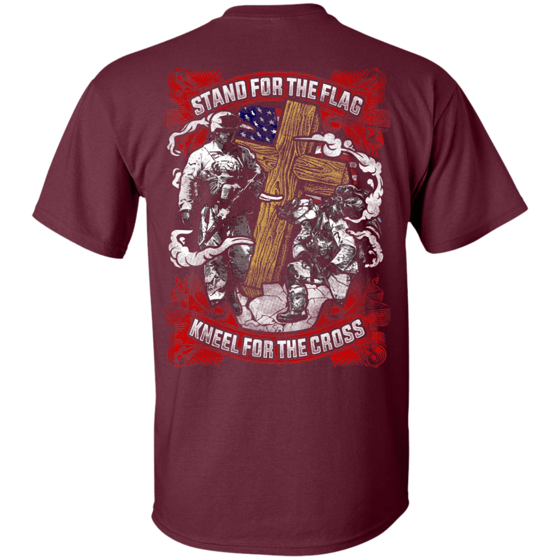 Military T-Shirt "Stand For the Flag Kneel For The Cross" Men Back-TShirt-General-Veterans Nation