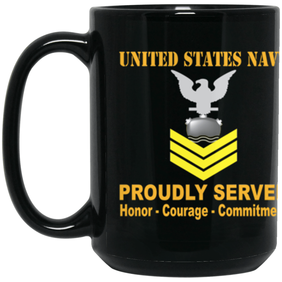 US Navy Mineman Navy MN E-6 Gold Stripe 15 oz. Black Mug-Drinkware-Veterans Nation