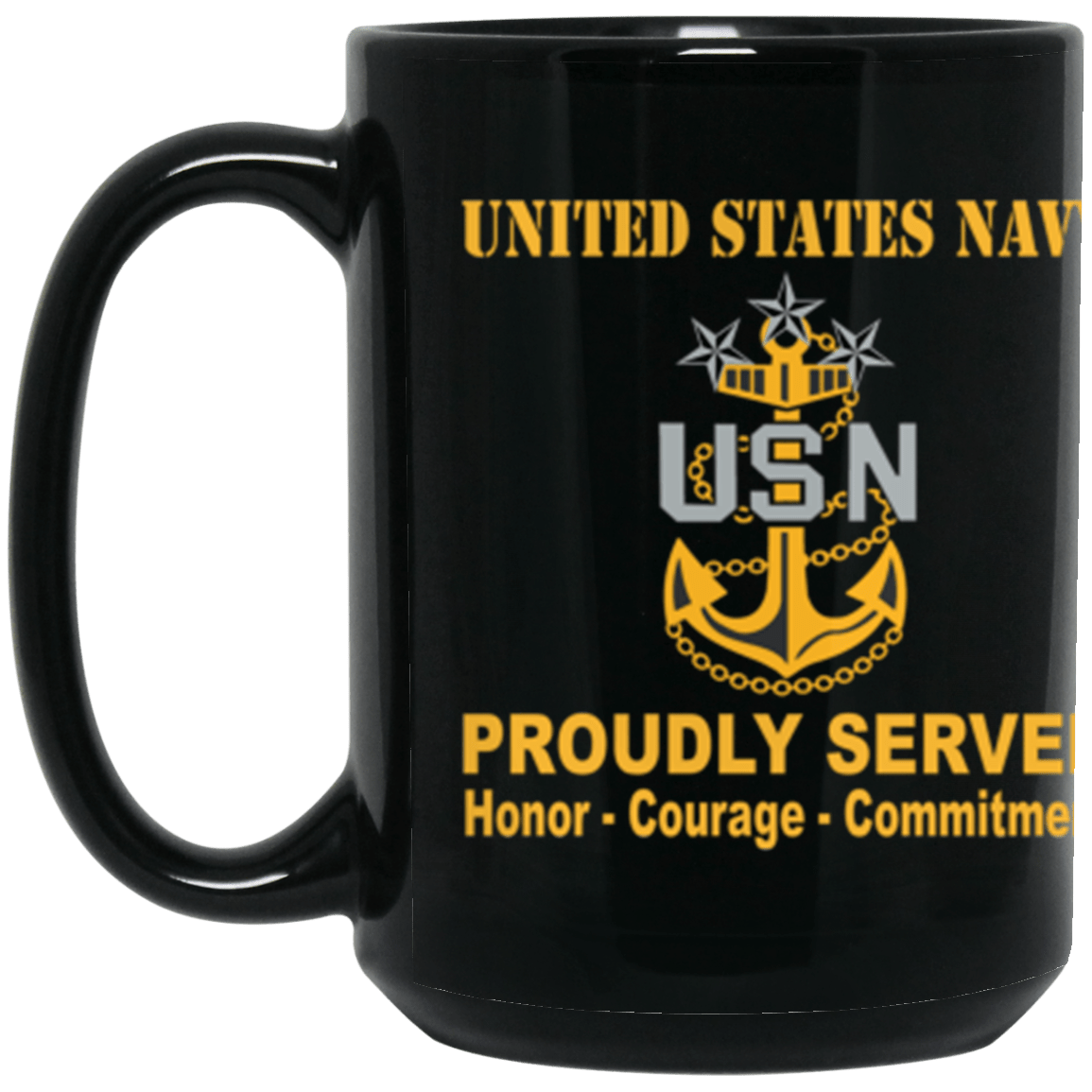 US Navy E-9 Master Chief Petty Officer Of The Navy E9 MCPON Senior Enlisted Advisor Collar Device Proudly Served Core Values 15 oz. Black Mug-Drinkware-Veterans Nation