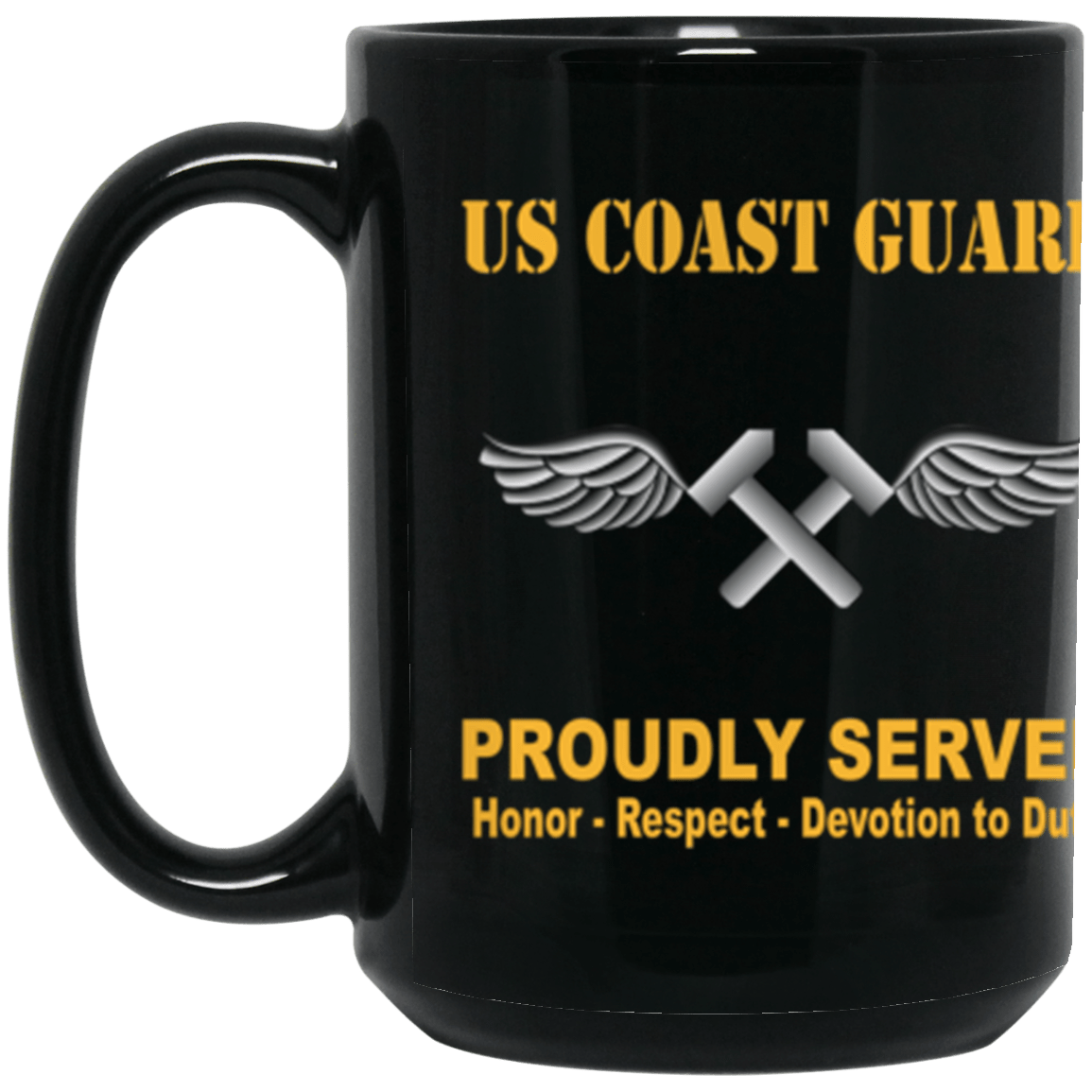 USCG Aviation Metalsmith AM Logo Proudly Served Core Values 15 oz. Black Mug-Drinkware-Veterans Nation