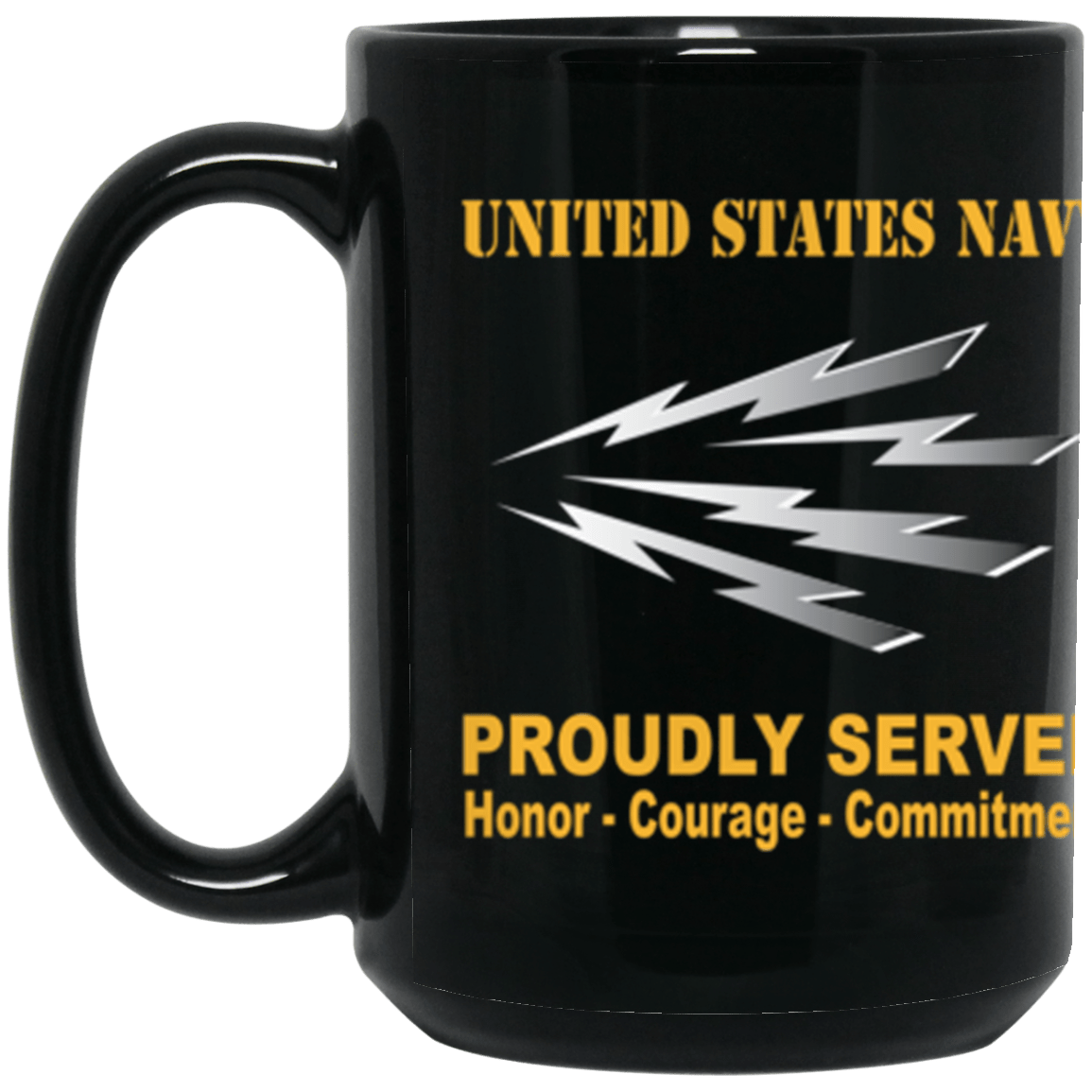 US Navy Radioman Navy RM Proudly Served Core Values 15 oz. Black Mug-Drinkware-Veterans Nation