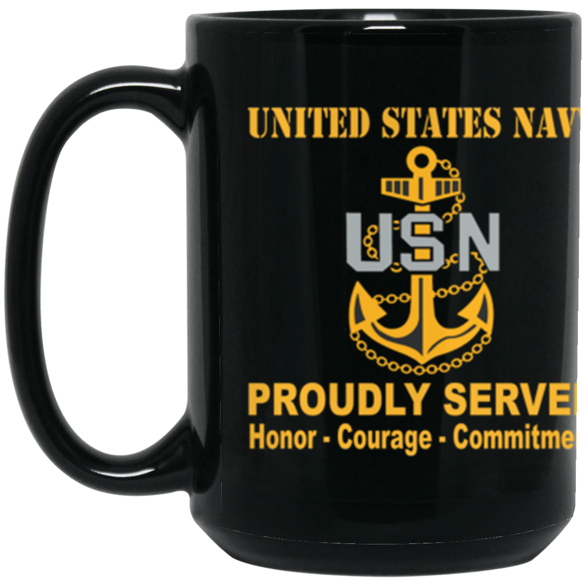 US Navy E-7 Chief Petty Officer E7 CPO Senior Noncommissioned Officer Collar Device Proudly Served Core Values 15 oz. Black Mug-Drinkware-Veterans Nation