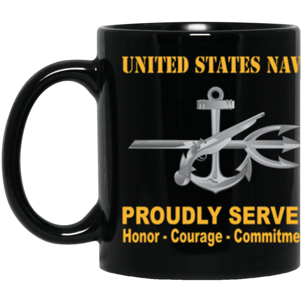 US Navy Navy Special Warfare Operator Navy SO Proudly Served Core Values 11 oz. Black Mug-Drinkware-Veterans Nation