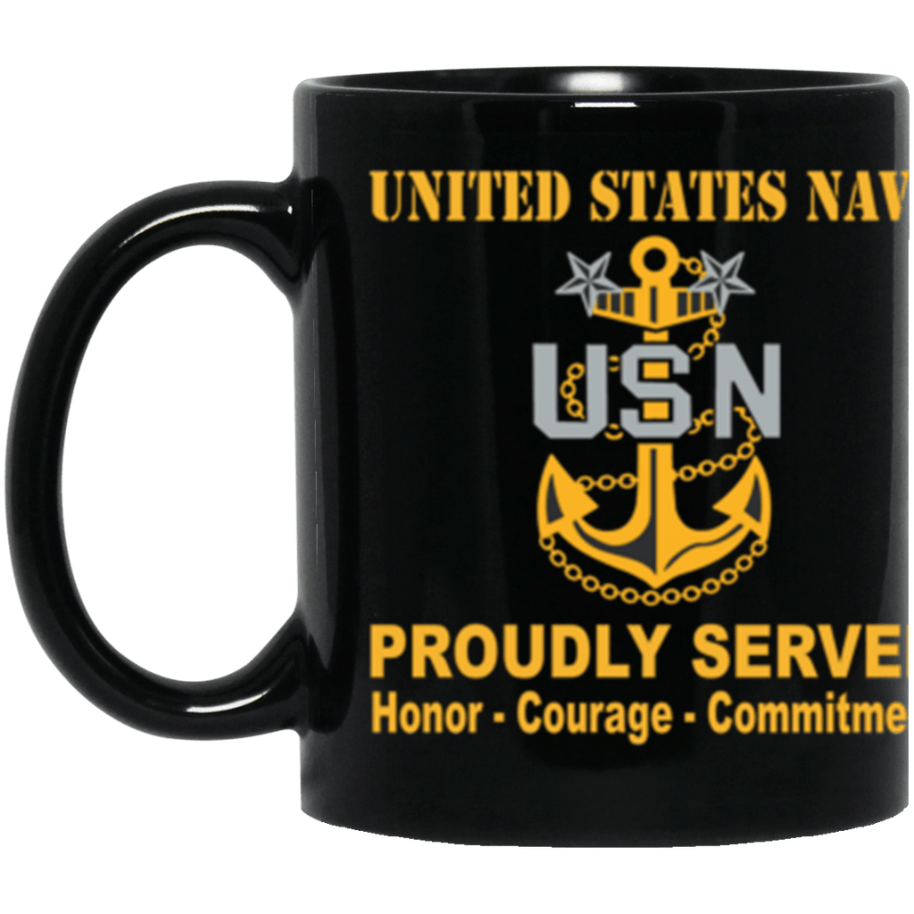 US Navy E-9 Master Chief Petty Officer E9 MCPO Collar Device Proudly Served Core Values 11 oz. Black Mug-Drinkware-Veterans Nation