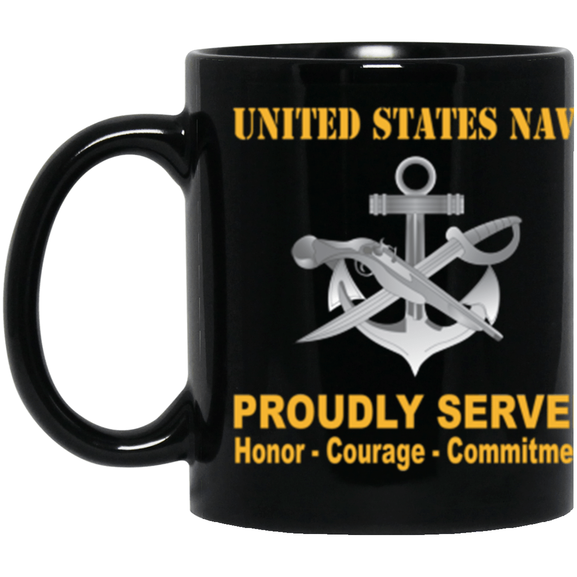 US Navy Navy Special Warfare Boat Operator Navy SB Proudly Served Core Values 11 oz. Black Mug-Drinkware-Veterans Nation