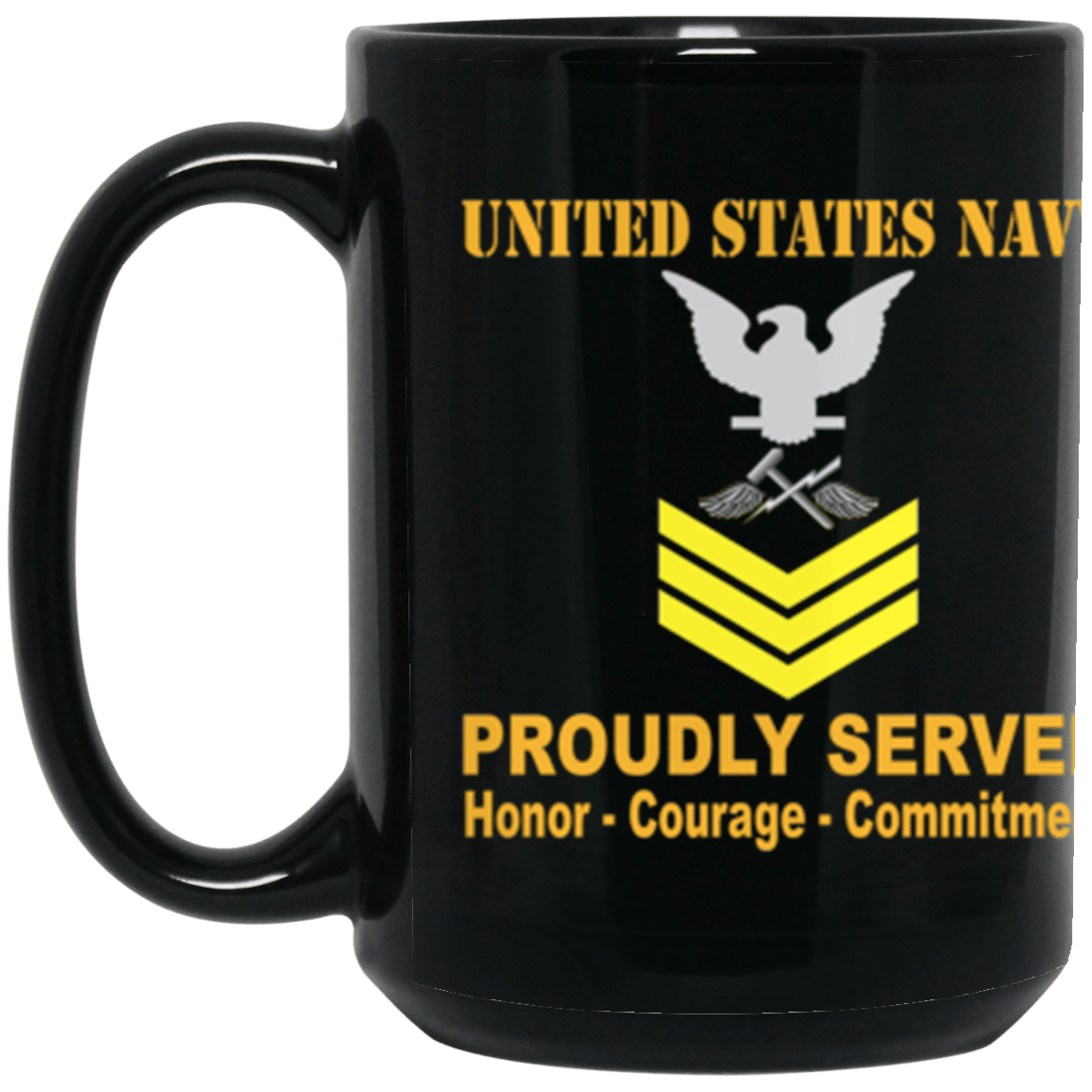 US Navy Aviation Support Equipment Tech Navy AS E-6 Gold Stripe 15 oz. Black Mug-Drinkware-Veterans Nation