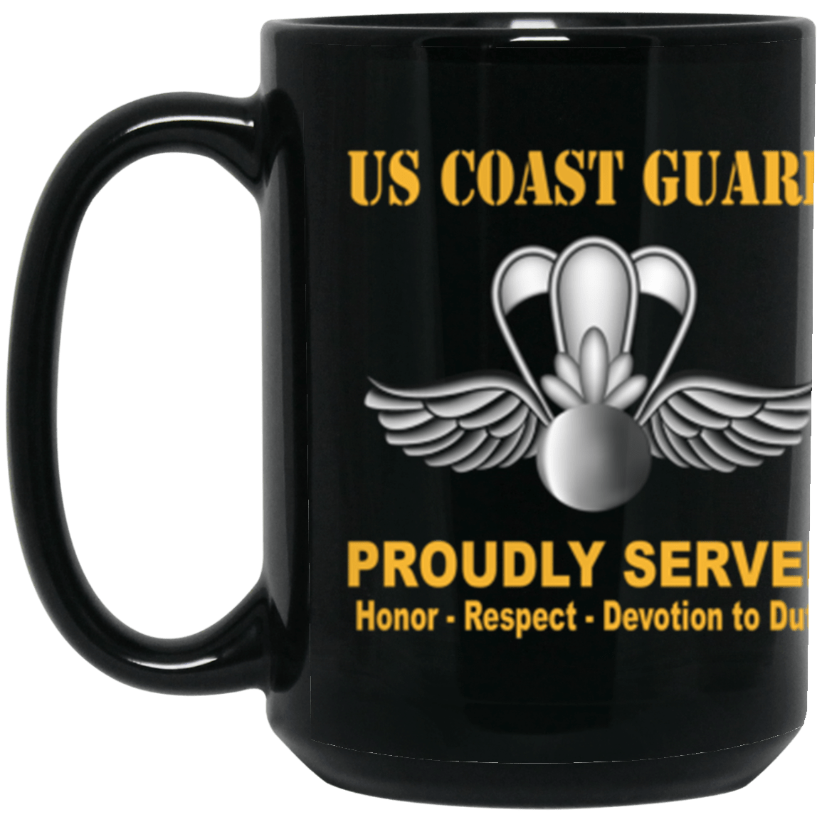 USCG USCG AVIATION SURVIVAL TECHNICIAN AST Logo Proudly Served Core Values 15 oz. Black Mug-Drinkware-Veterans Nation