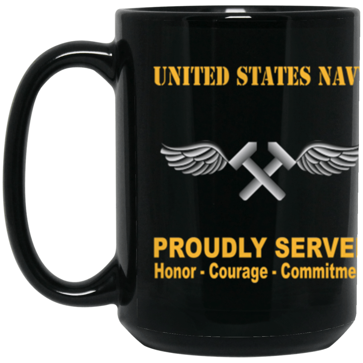 US Navy Navy Aviation Structural Mechanic Navy AM Proudly Served Core Values 15 oz. Black Mug-Drinkware-Veterans Nation