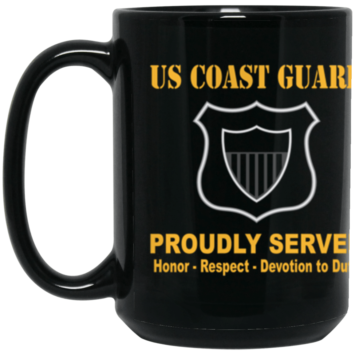 USCG USCG MARITIME ENFORCEMENT ME Logo Proudly Served Core Values 15 oz. Black Mug-Drinkware-Veterans Nation