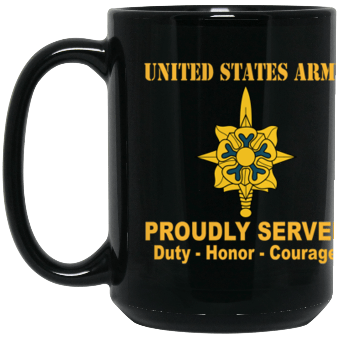 US Army Military Intelligence Branch Proudly Served Core Values 15 oz. Black Mug-Drinkware-Veterans Nation