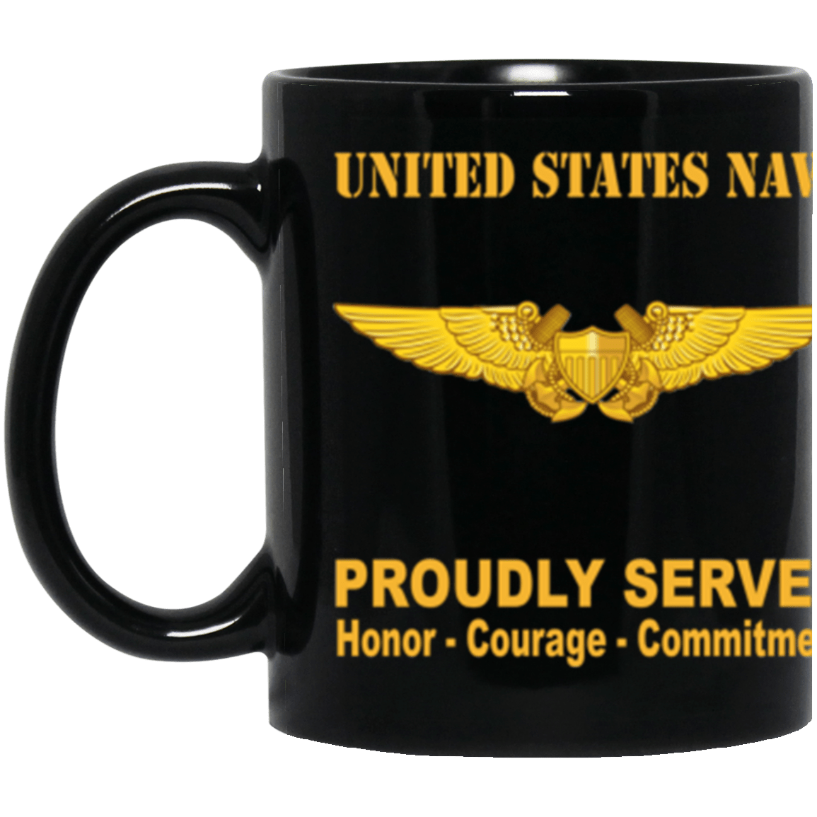 US Navy Naval Flight Officer Badge Proudly Served Core Values 11 oz. Black Mug-Drinkware-Veterans Nation