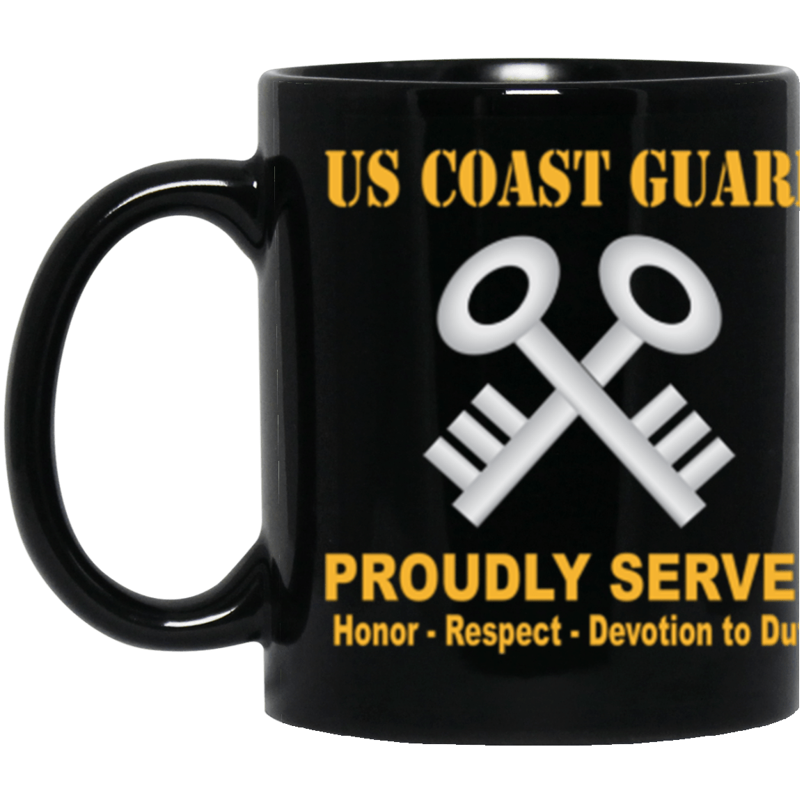 USCG Storekeeper SK Logo Proudly Served Core Values 11 oz. Black Mug-Drinkware-Veterans Nation