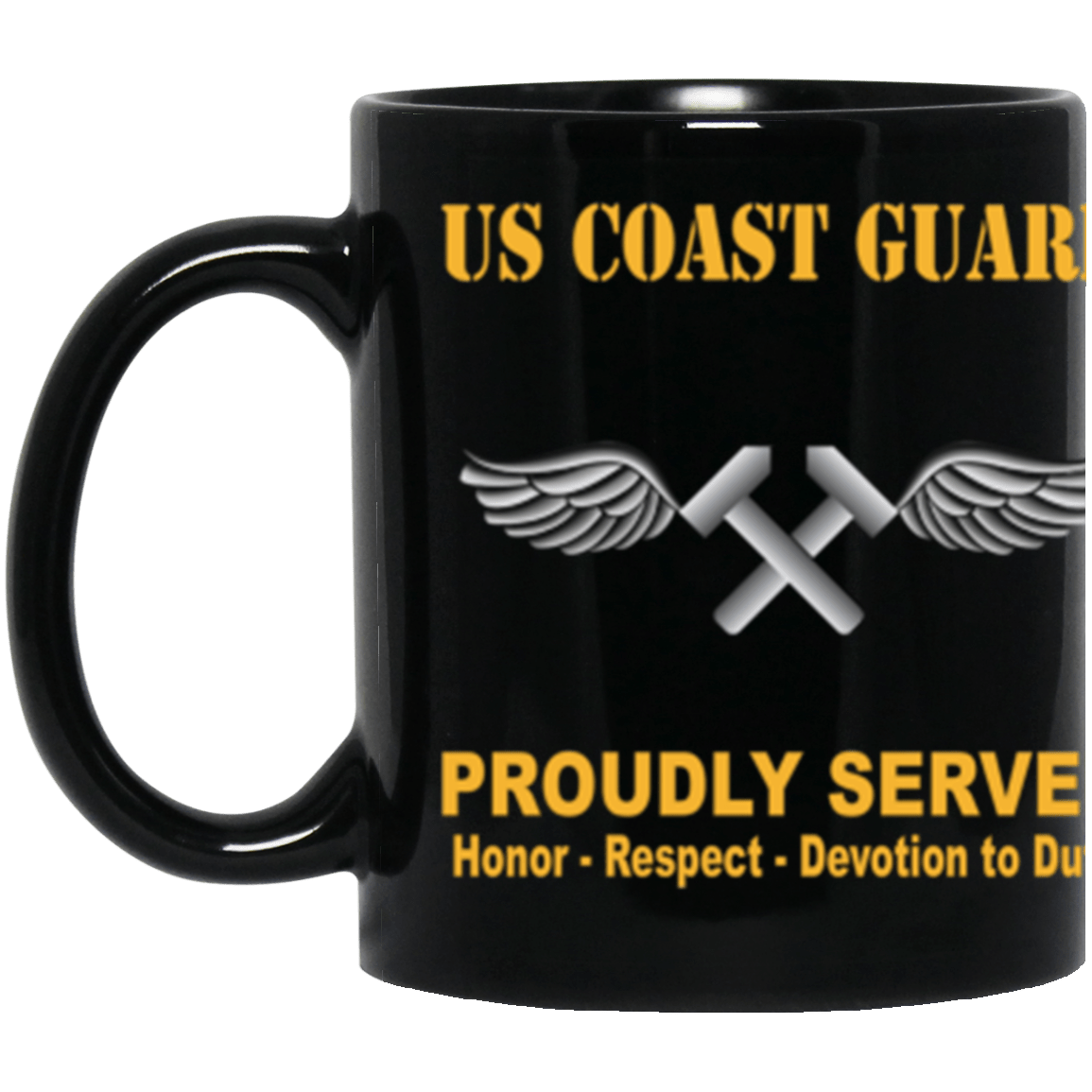 USCG Aviation Metalsmith AM Logo Proudly Served Core Values 11 oz. Black Mug-Drinkware-Veterans Nation