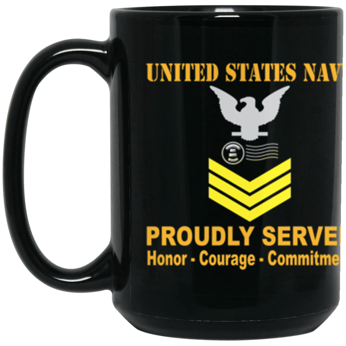 US Navy Postal Clerk Navy PC E-6 Gold Stripe 15 oz. Black Mug-Drinkware-Veterans Nation