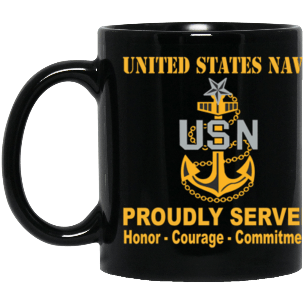 US Navy E-8 Senior Chief Petty Officer E8 SCPO Senior Noncommissioned Officer Collar Device Proudly Served Core Values 11 oz. Black Mug-Drinkware-Veterans Nation