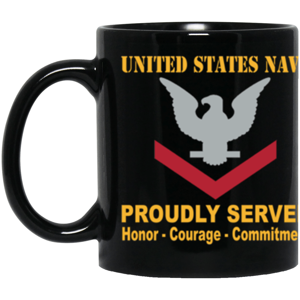 US Navy E-4 Petty Officer Third Class E4 PO3 Collar Device Proudly Served Core Values 11 oz. Black Mug-Drinkware-Veterans Nation