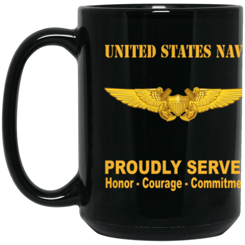 US Navy Naval Flight Officer Badge Proudly Served Core Values 15 oz. Black Mug-Drinkware-Veterans Nation