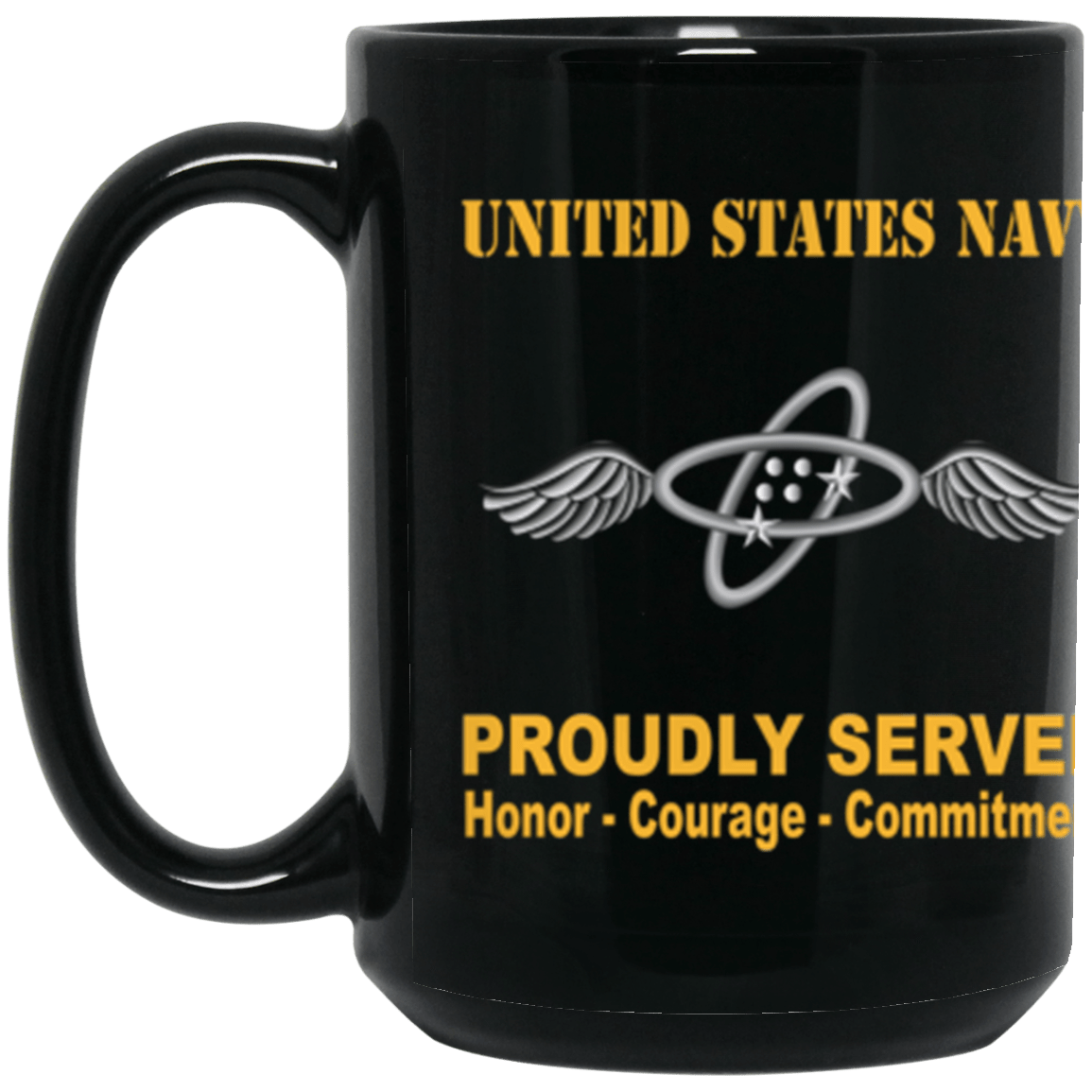 US Navy Navy Aviation Electronics Technician Navy AT Proudly Served Core Values 15 oz. Black Mug-Drinkware-Veterans Nation