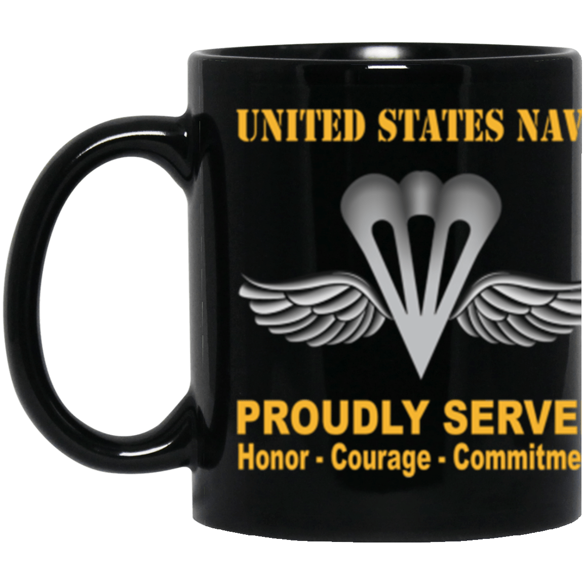 US Navy Navy Aircrew Survival Equipmentman Navy PR Proudly Served Core Values 11 oz. Black Mug-Drinkware-Veterans Nation
