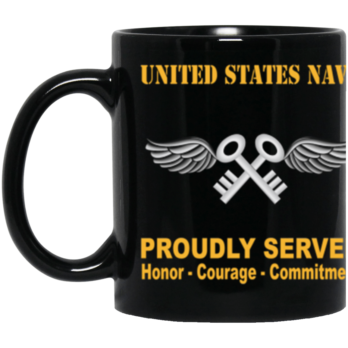 US Navy Navy Aviation Storekeeper Navy AK Proudly Served Core Values 11 oz. Black Mug-Drinkware-Veterans Nation
