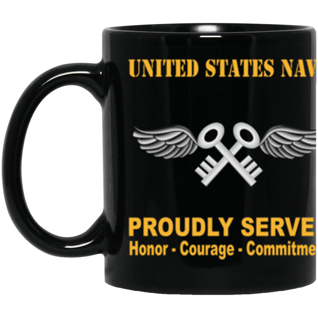 US Navy Navy Aviation Storekeeper Navy AK Proudly Served Core Values 11 oz. Black Mug-Drinkware-Veterans Nation