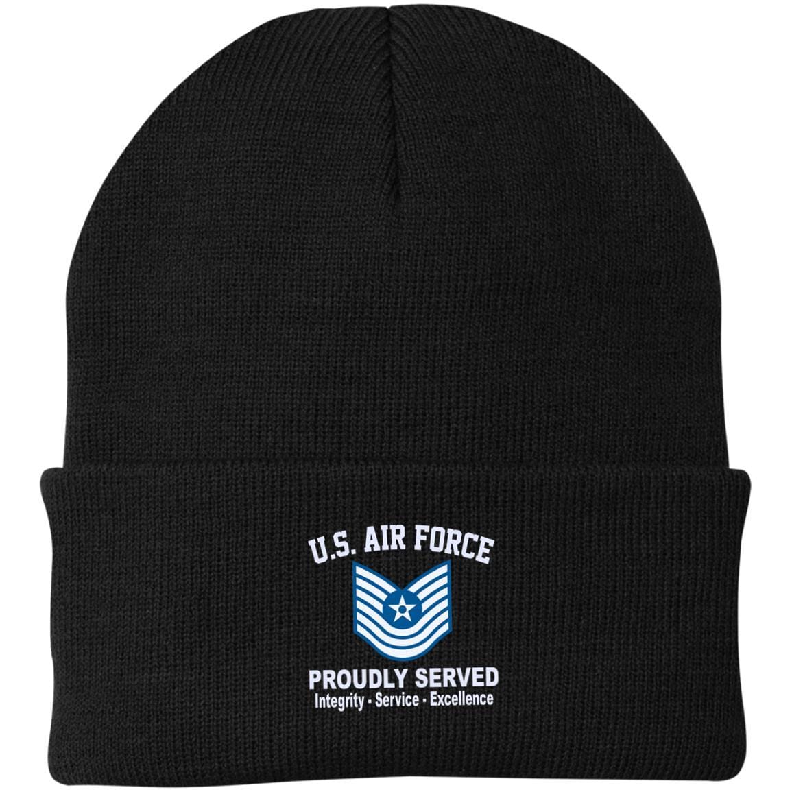 US Air Force E-7 Master Sergeant MSgt E7 Old Style Core Values Embroidered Port Authority Knit Cap-Hat-USAF-Ranks-Veterans Nation