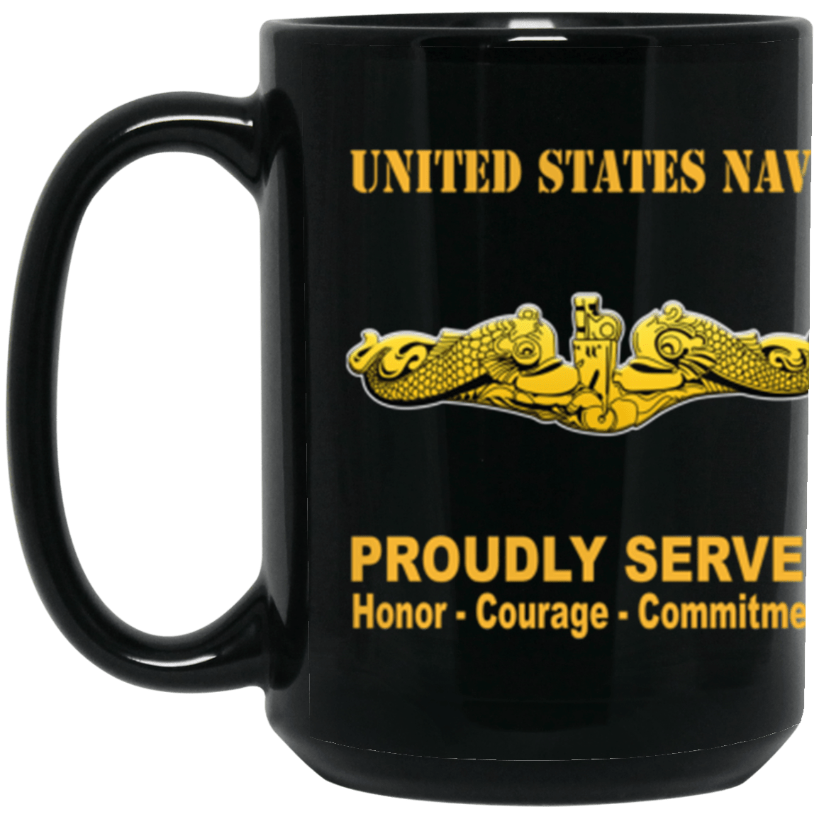 US Navy Submarine Warfare Officer Badge Proudly Served Core Values 15 oz. Black Mug-Drinkware-Veterans Nation
