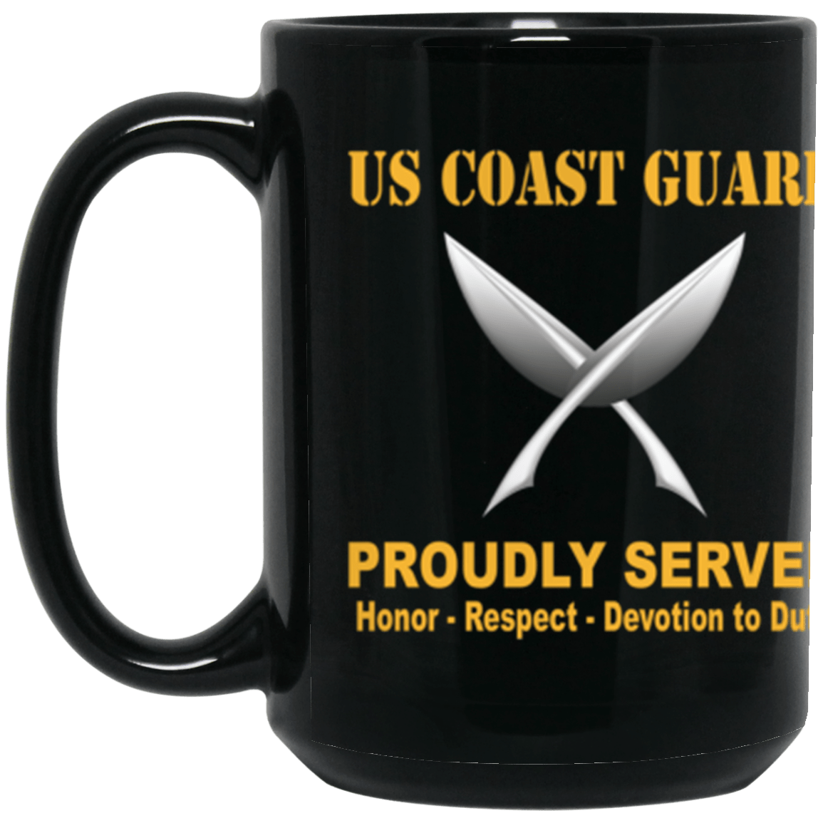 USCG Yeoman YN Logo Proudly Served Core Values 15 oz. Black Mug-Drinkware-Veterans Nation