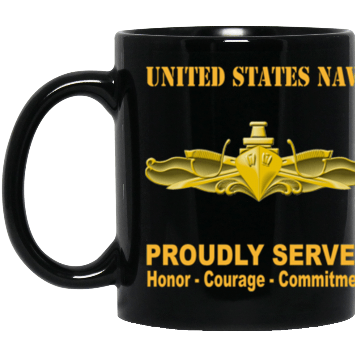US Navy Surface Warfare Officer Badge Proudly Served Core Values 11 oz. Black Mug-Drinkware-Veterans Nation