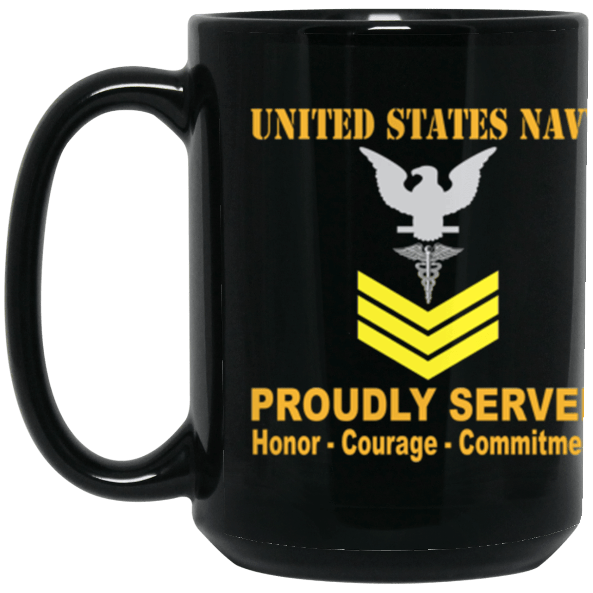 US Navy Hospital Corpsman Navy HM E-6 Gold Stripe 15 oz. Black Mug-Drinkware-Veterans Nation