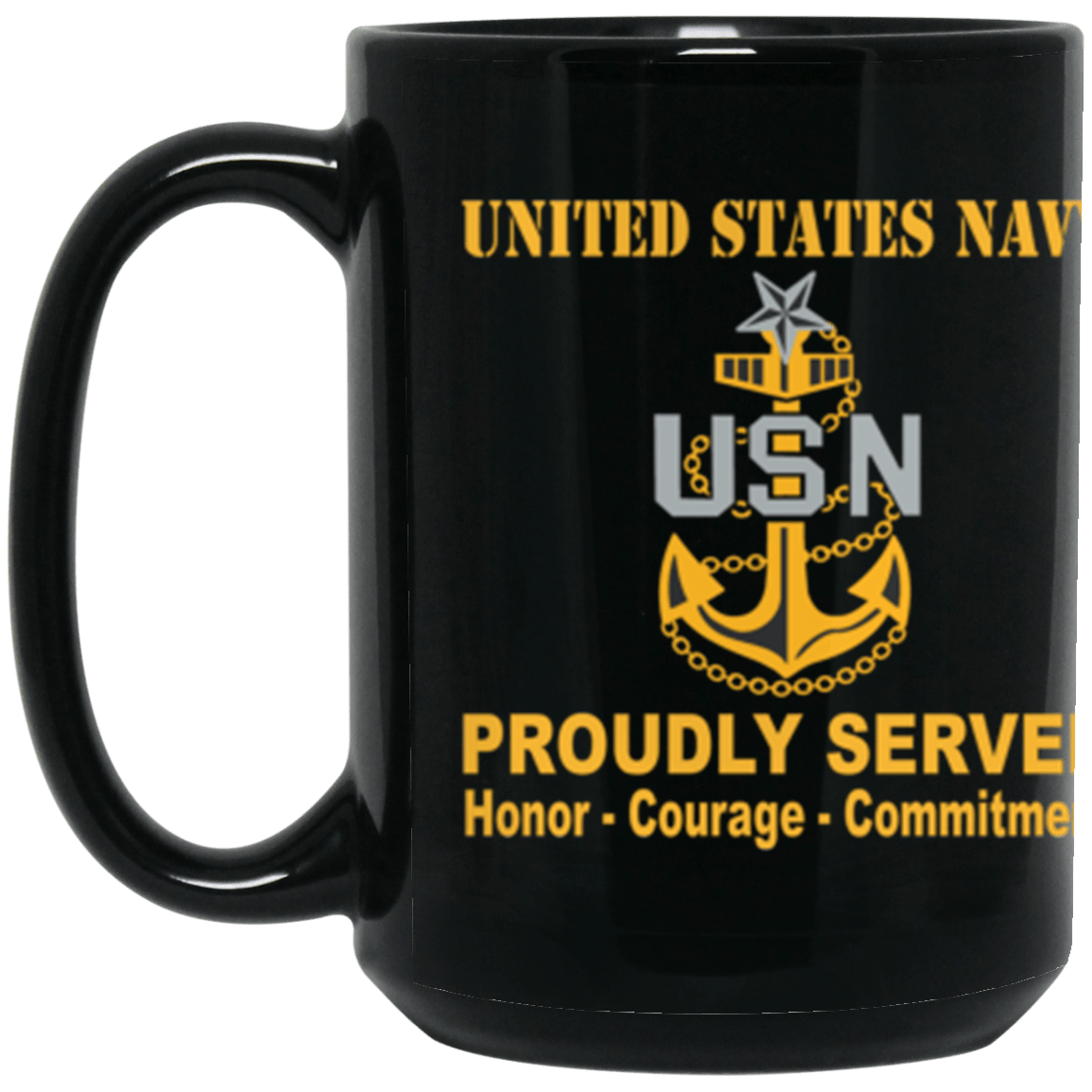 US Navy E-8 Senior Chief Petty Officer E8 SCPO Senior Noncommissioned Officer Collar Device Proudly Served Core Values 15 oz. Black Mug-Drinkware-Veterans Nation
