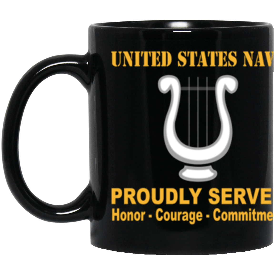 US Navy Navy Musician Navy MU Proudly Served Core Values 11 oz. Black Mug-Drinkware-Veterans Nation