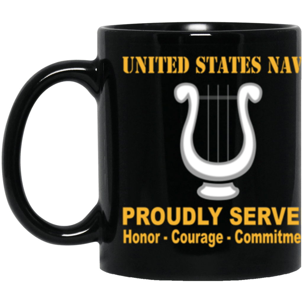 US Navy Navy Musician Navy MU Proudly Served Core Values 11 oz. Black Mug-Drinkware-Veterans Nation