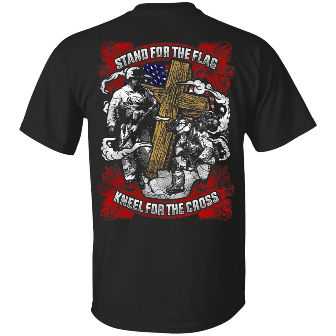 Military T-Shirt "Stand For the Flag Kneel For The Cross" Men Back-TShirt-General-Veterans Nation