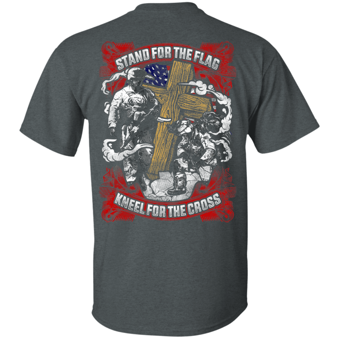 Military T-Shirt "Stand For the Flag Kneel For The Cross" Men Back-TShirt-General-Veterans Nation