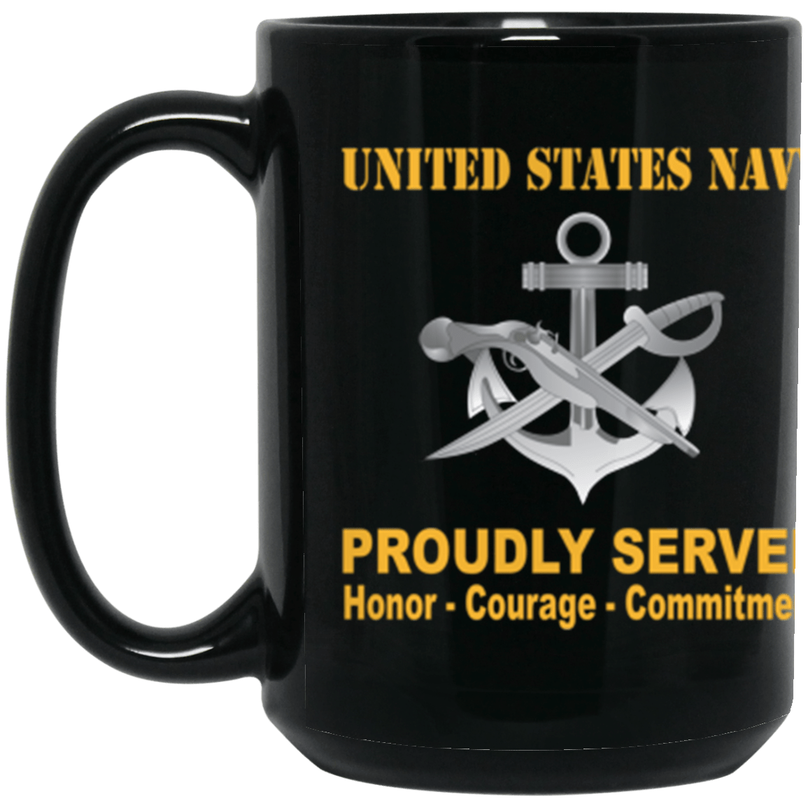 US Navy Navy Special Warfare Boat Operator Navy SB Proudly Served Core Values 15 oz. Black Mug-Drinkware-Veterans Nation