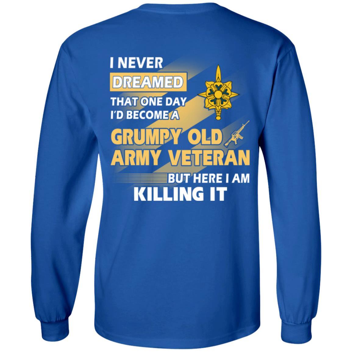US Army T-Shirt "Military Intelligence Branch Grumpy Old Veteran" On Back-TShirt-Army-Veterans Nation