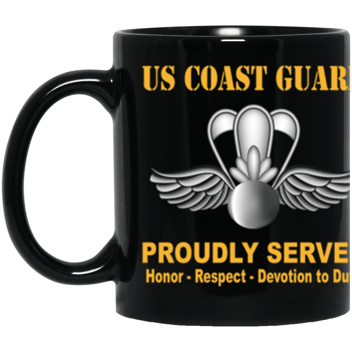 USCG USCG AVIATION SURVIVAL TECHNICIAN AST Logo Proudly Served Core Values 11 oz. Black Mug-Drinkware-Veterans Nation