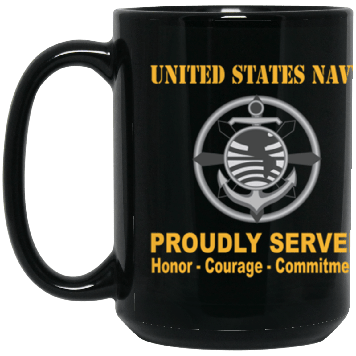 US Navy Navy Religious Program Specialist Navy RP Proudly Served Core Values 15 oz. Black Mug-Drinkware-Veterans Nation
