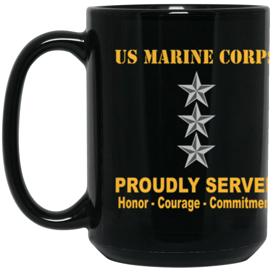 USMC O-9 Lieutenant General O9 LtGen O9 General Officer Ranks Proudly Served Core Values 15 oz. Black Mug-Drinkware-Veterans Nation