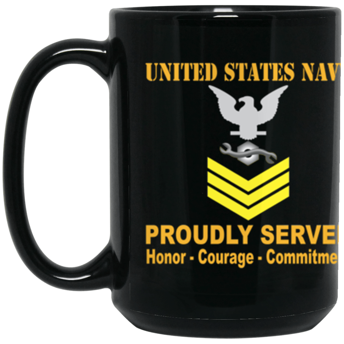 US Navy Construction Mechanic Navy CM E-6 Gold Stripe 15 oz. Black Mug-Drinkware-Veterans Nation