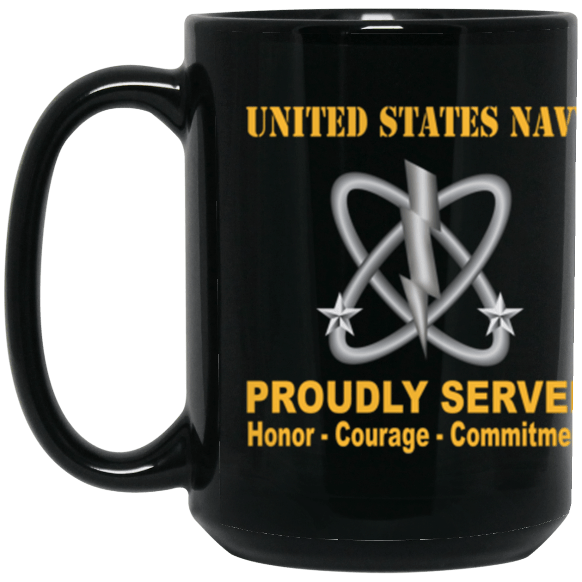 US Navy Navy Electronics Warfare Technician Navy EW Proudly Served Core Values 15 oz. Black Mug-Drinkware-Veterans Nation