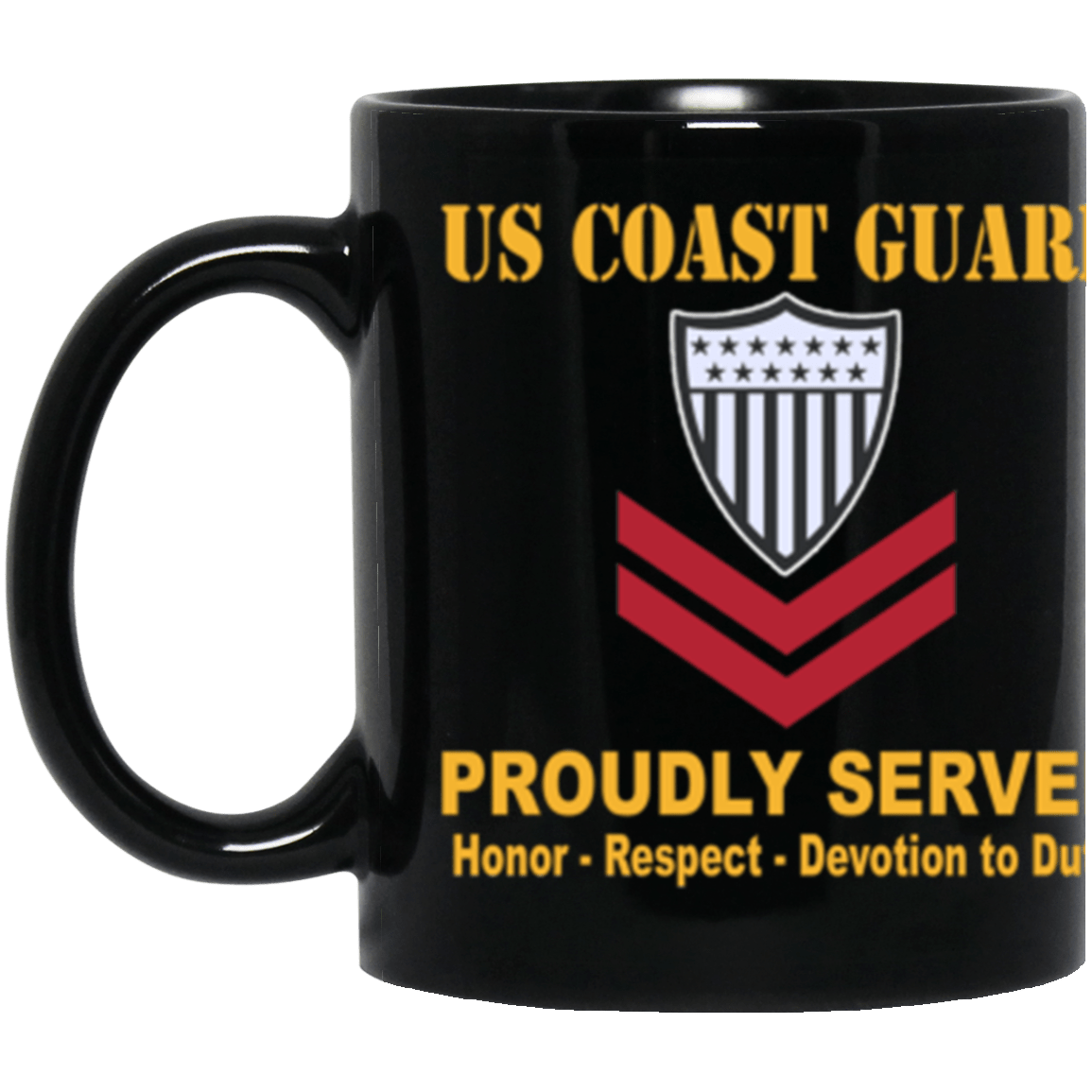 US Coast Guard E-5 Petty Officer Second Class E5 PO2 Petty Officer Proudly Served Core Values 11 oz. Black Mug-Drinkware-Veterans Nation