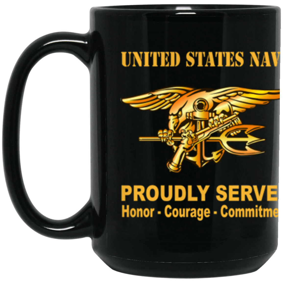 US Navy Naval Special Warfare (Seal) Badge Proudly Served Core Values 15 oz. Black Mug-Drinkware-Veterans Nation