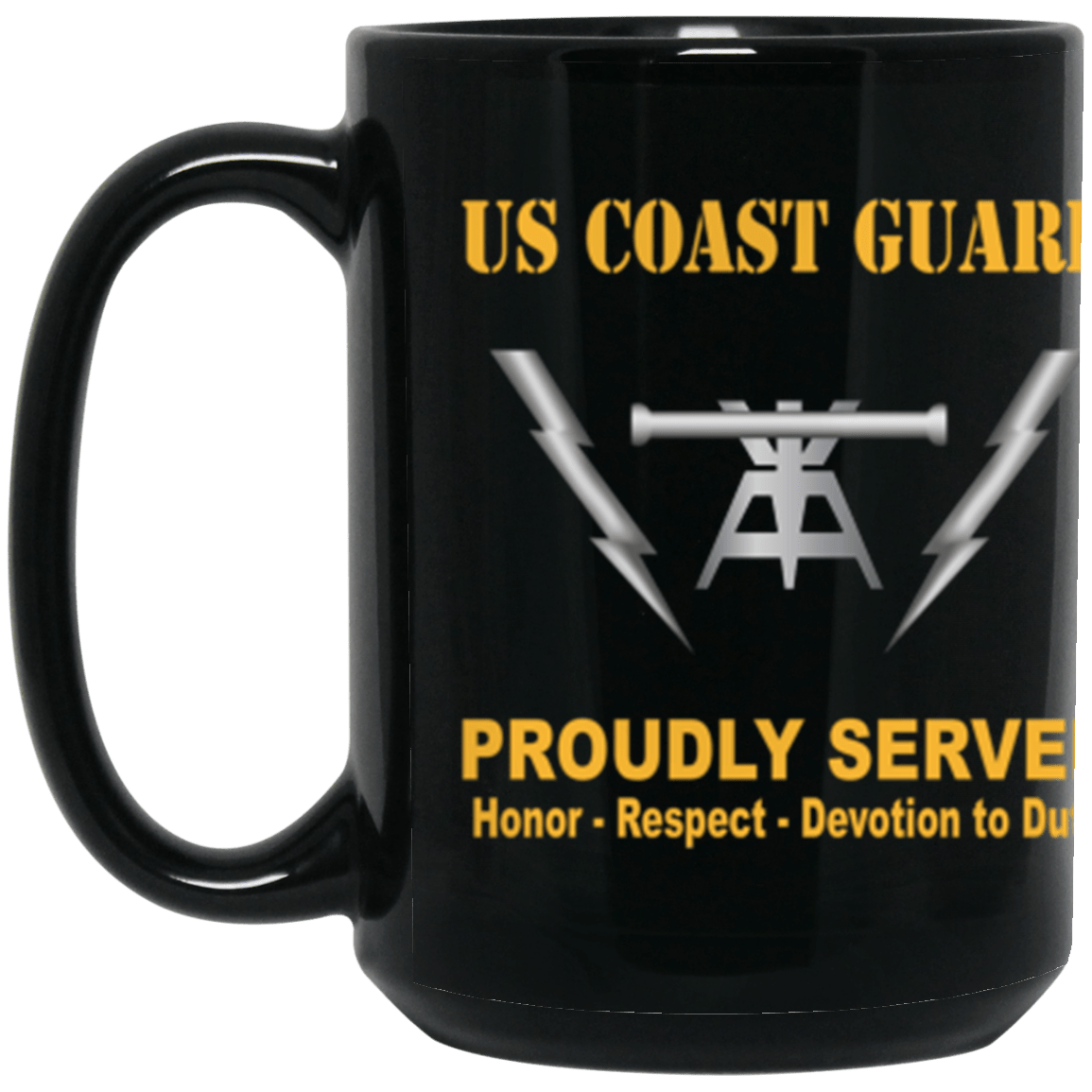USCG Fire Control Technician FT Logo Proudly Served Core Values 15 oz. Black Mug-Drinkware-Veterans Nation