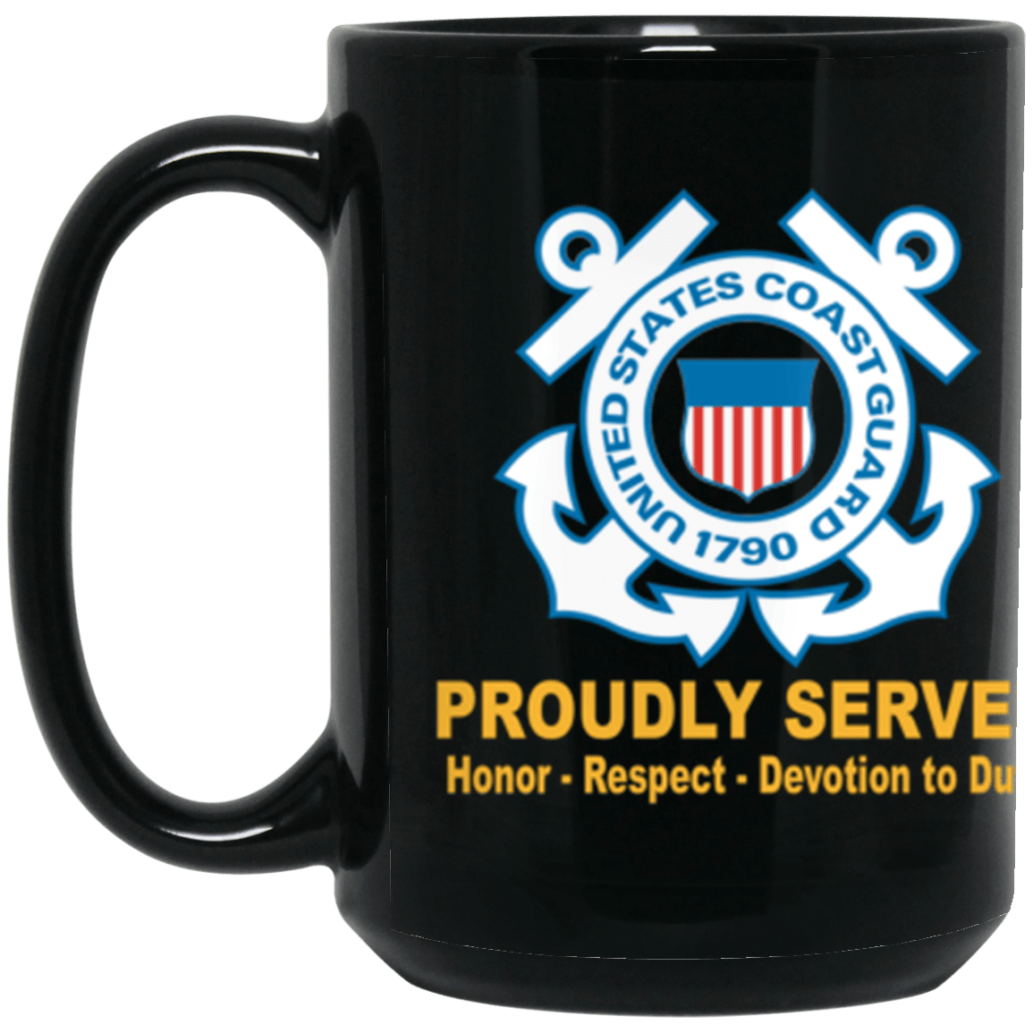 USCG Logo Proudly Served Core Values 15 oz. Black Mug-Drinkware-Veterans Nation